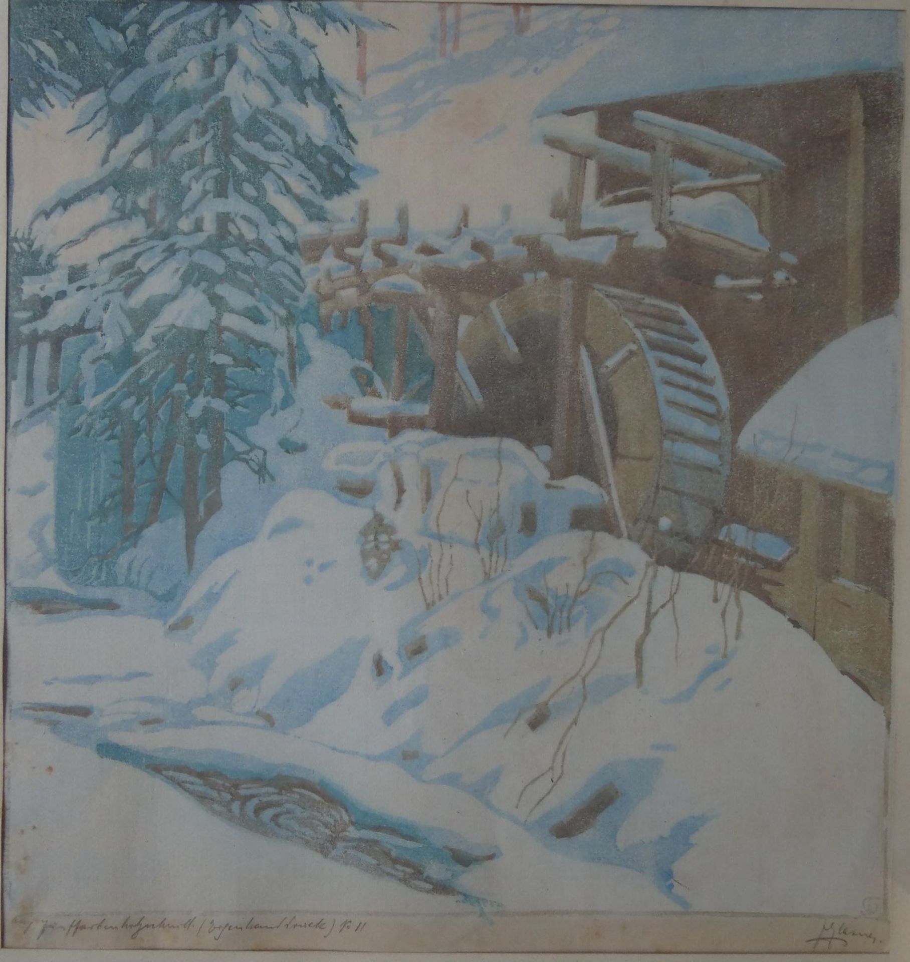 *Jakob GLASNER (1879-1942), Farbholzschnitt, Winter-Wassermühle, Eigenhanddruck Nr. 11, ger/Glas, RG - Image 2 of 4