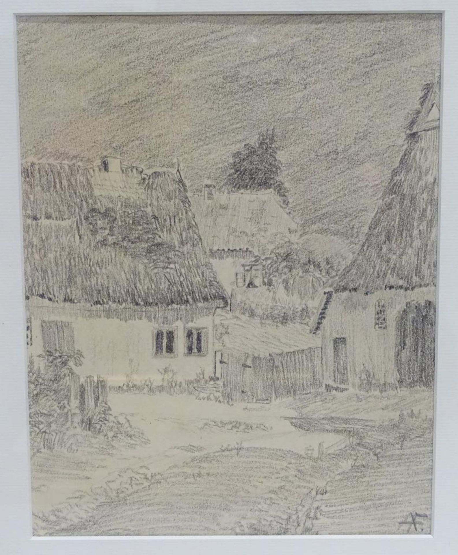 Bleistift Zeichnung AF "Anna Feldhusen", Bauernhaus Ansichten,ger/Glas,RG 42x32 cm, MG 24x19cm