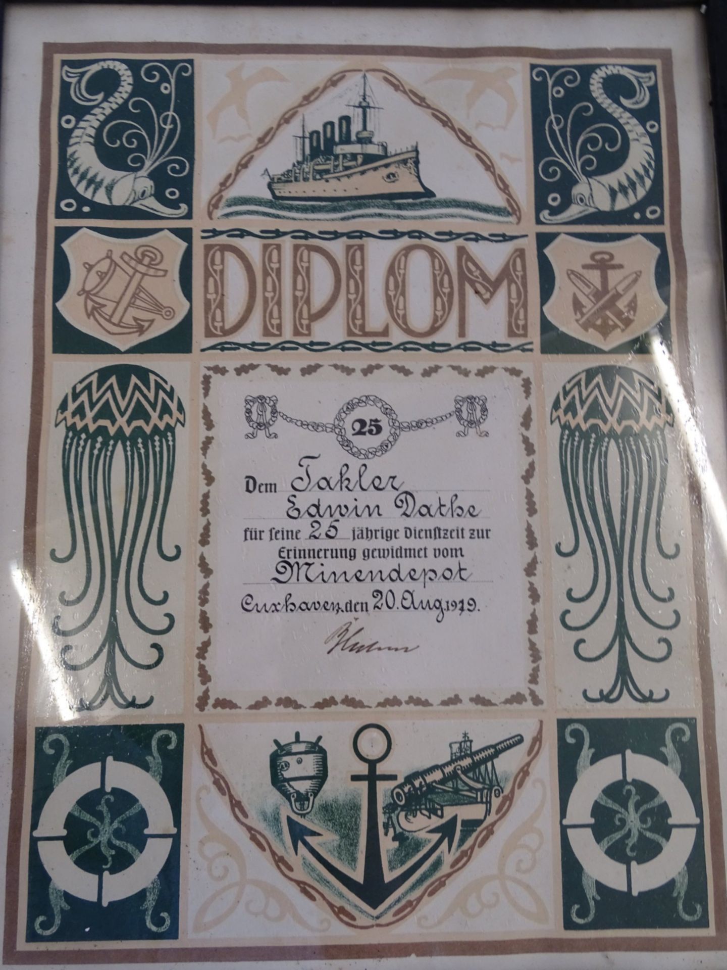 alte Urkunde für einen Takler, Marinedepot Cuxhaven 1929, Eicherahmen /Glas, RG 40x30 c