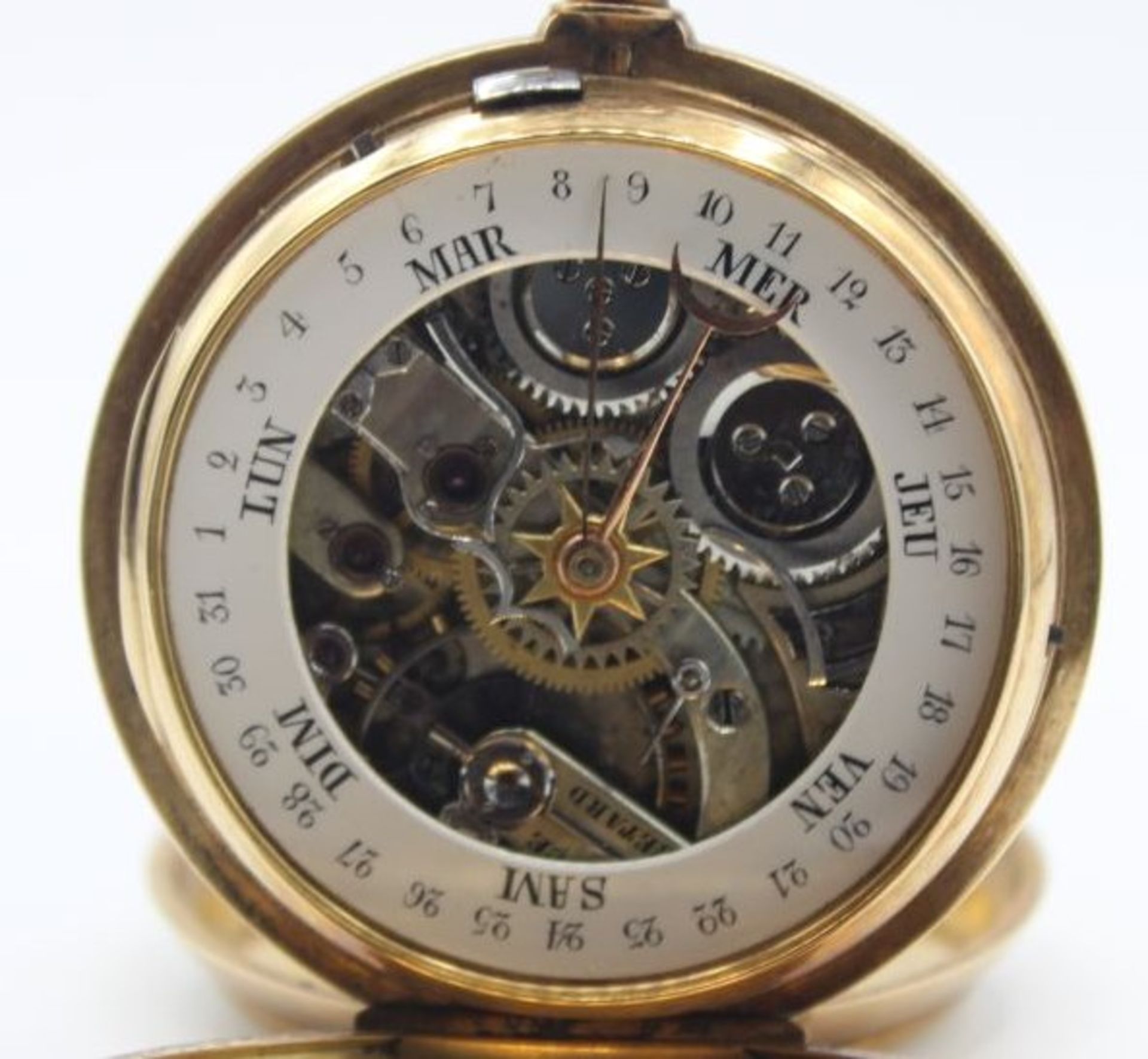 Tascheuhr um 1900, 14 Karat Gold, 2seitig beschaubar, Uhrzeit verso Kalendarium, Glas bei - Bild 3 aus 6