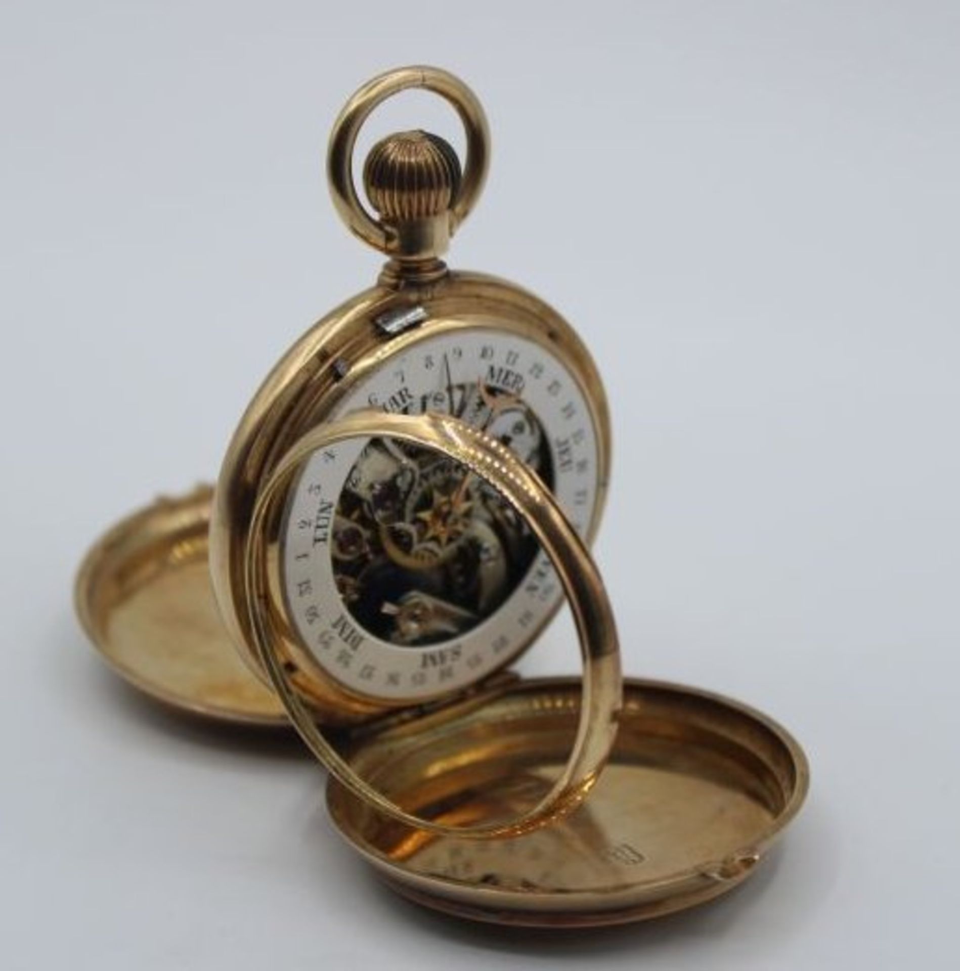 Tascheuhr um 1900, 14 Karat Gold, 2seitig beschaubar, Uhrzeit verso Kalendarium, Glas bei - Bild 2 aus 6