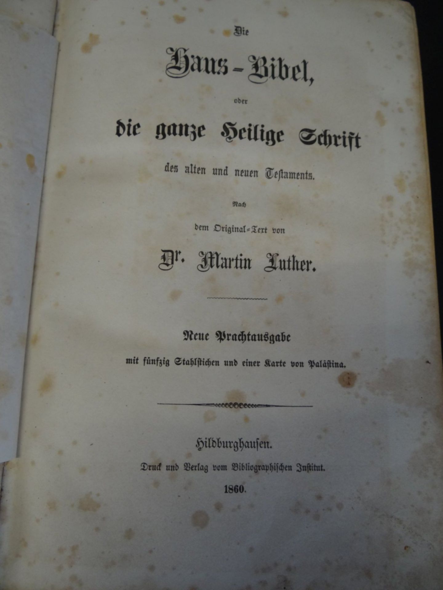 "Luther's Hausbibel" 1860, Lederrücken, illustriert mit Stichen, , tw. stark stockfleckig, 28x18