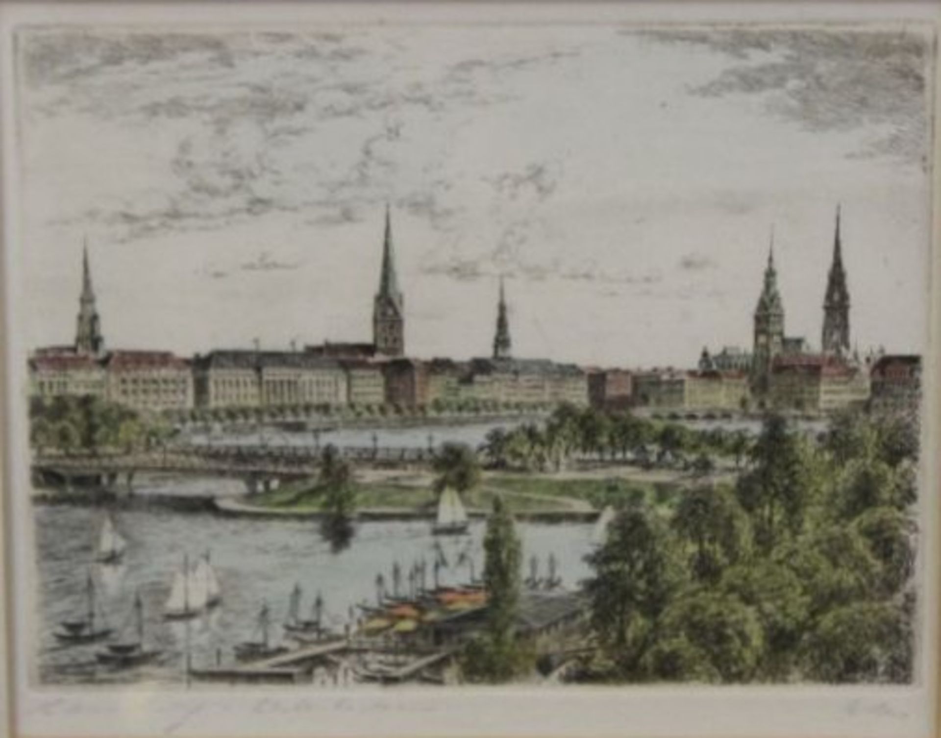 Adler "Hamburg Alster", Farbradierung, ger./Glas, RG 28 x 40cm.