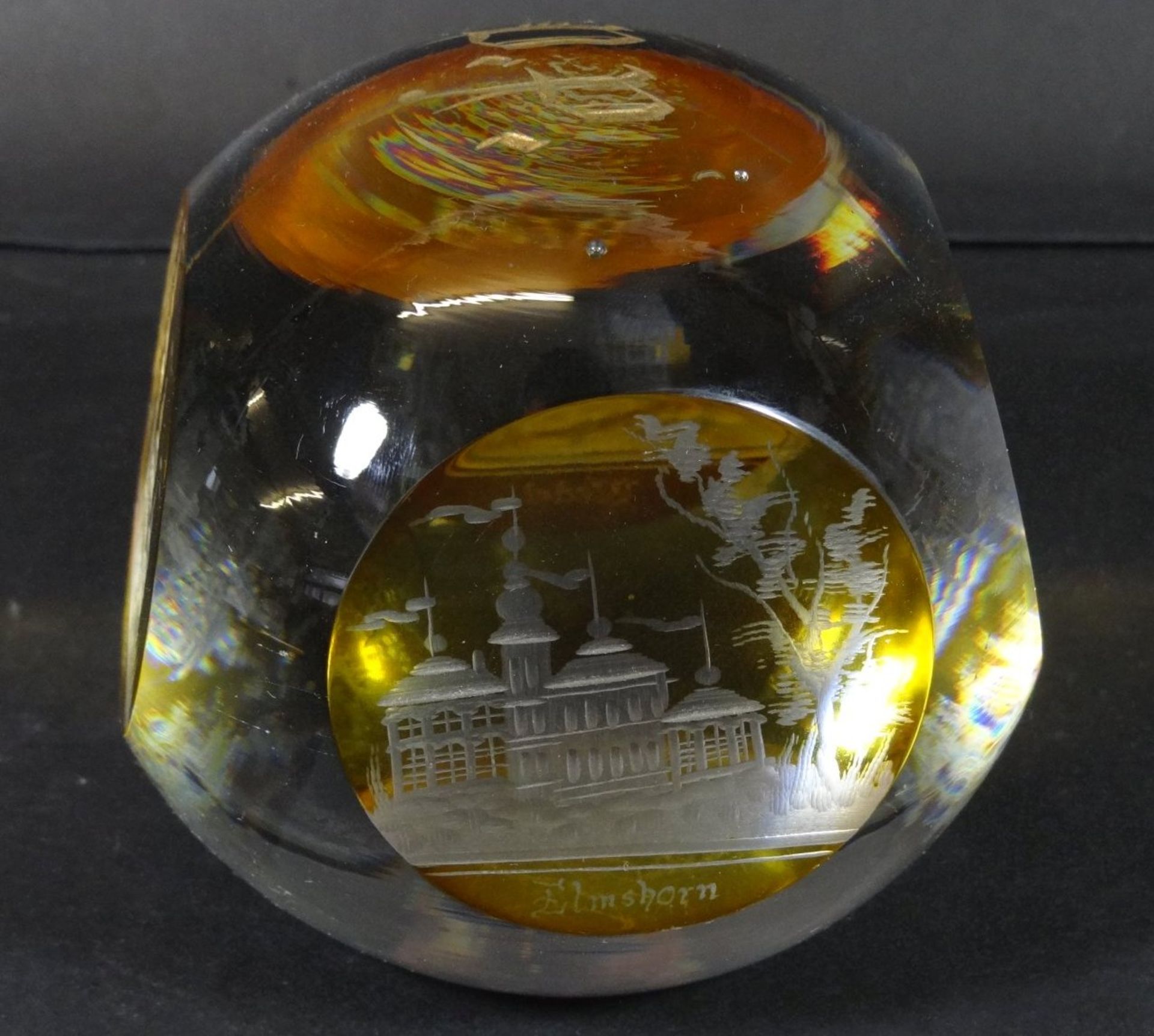 gr. Paperweight mit Ansichten von Wedel, Pinneberg, Itzehoe und Elmshorn, oben Monogramm, um 1900H-