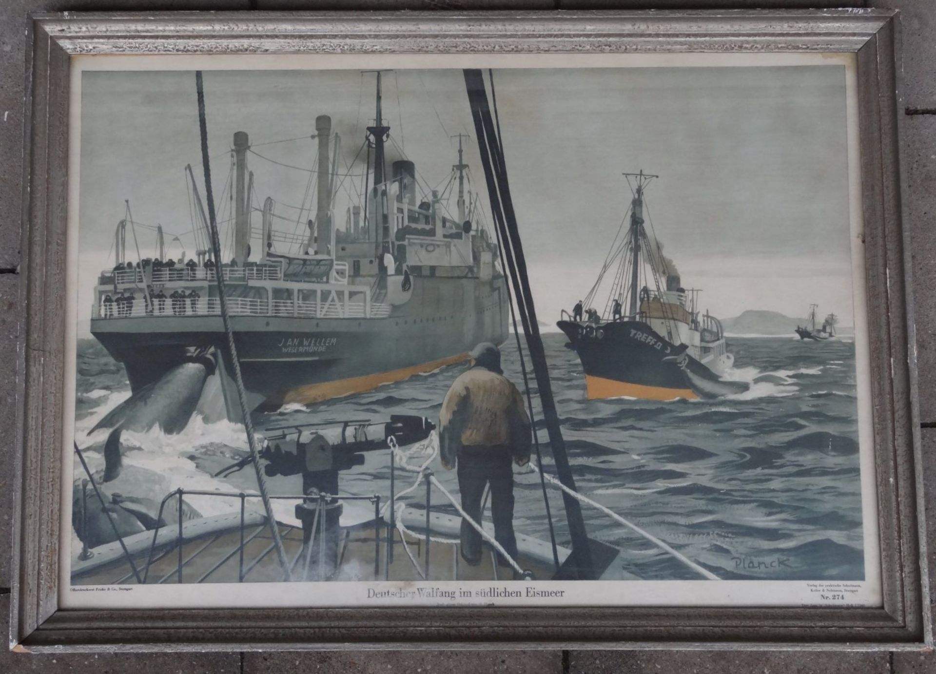 gr. Kunstdruck "Deutscher Walfang im östlichen Eismeer", gwer/Glas, RG 70x97 cm - Bild 2 aus 6