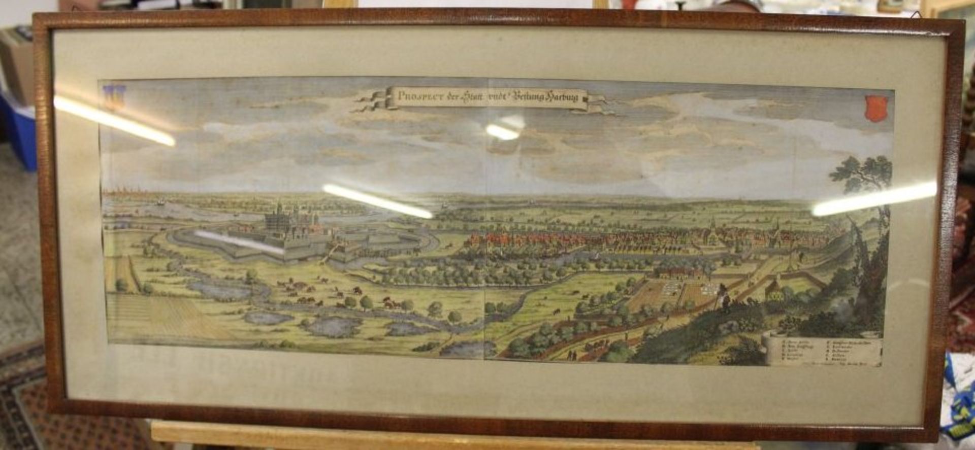 original Merian-Stich, coloriert, Prospect der Statt undt Vestung Harburg, mittig Falz, um 1650,