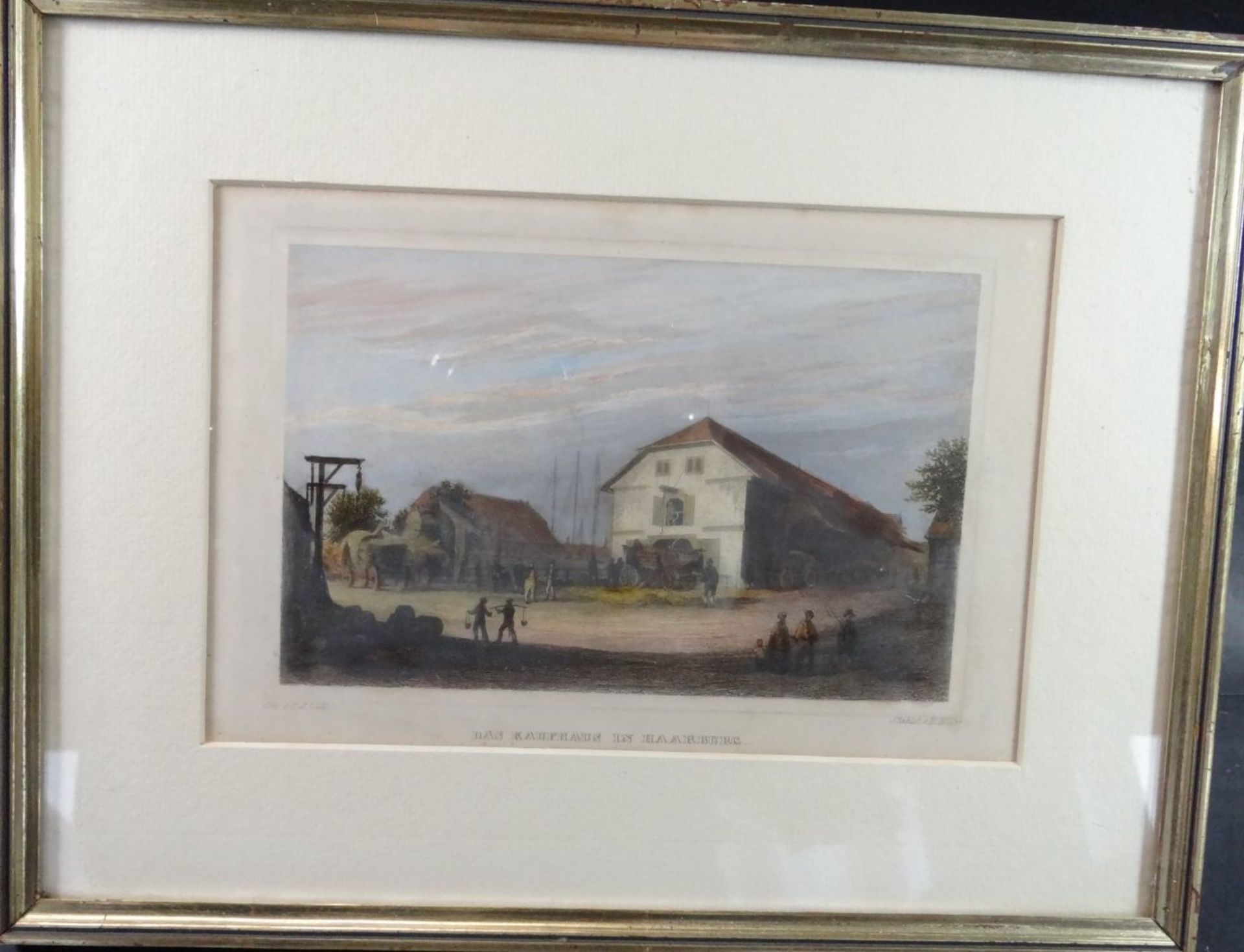 E. Höfer, colorierter Stahlstich "Das Kaufhaus in Harburg", ger/Glas, RG 21x27 c - Bild 2 aus 9