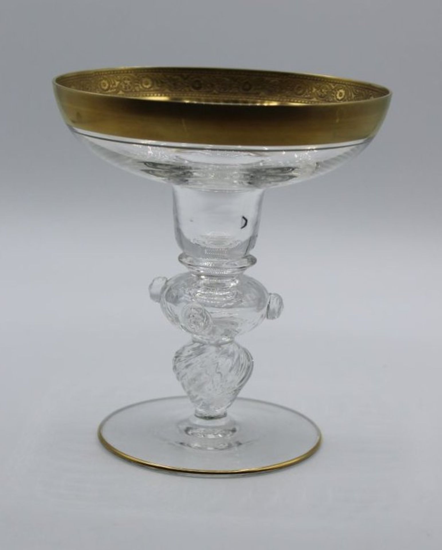 Kerzenleuchter, farbloses Glas mit Noppen und breitem Goldrand, H-13cm.