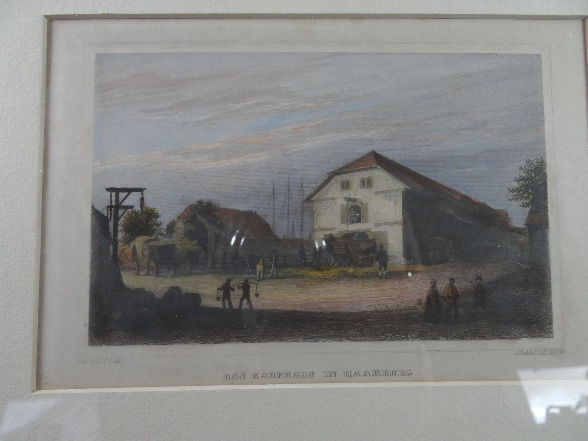 E. Höfer, colorierter Stahlstich "Das Kaufhaus in Harburg", ger/Glas, RG 21x27 c - Bild 3 aus 9