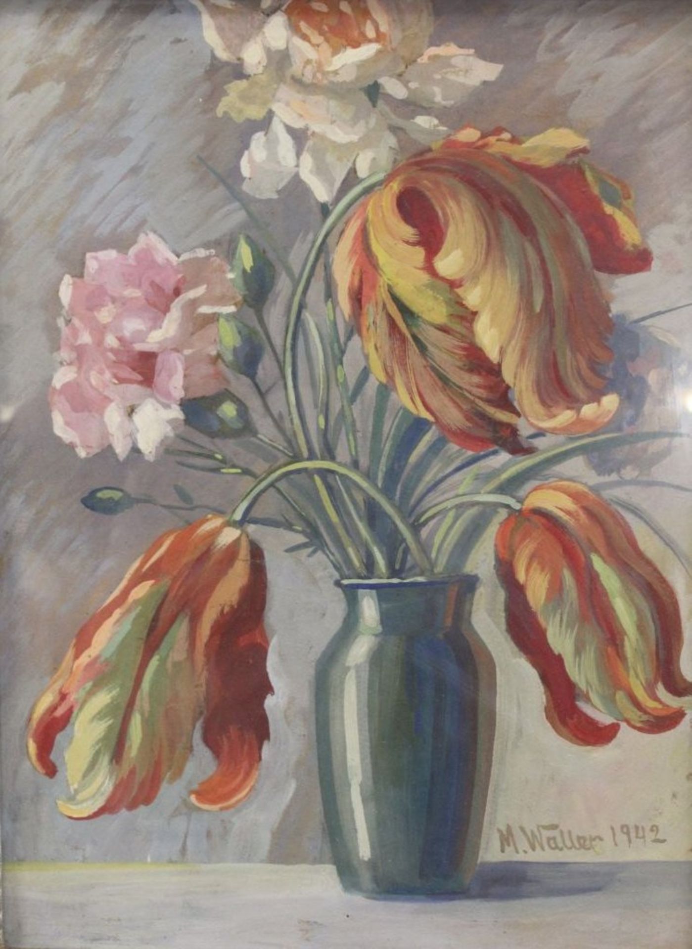 M.Waller 1942 "Blumen in Vase", Aquarell, ger./Glas, RG 59 x 46cm.