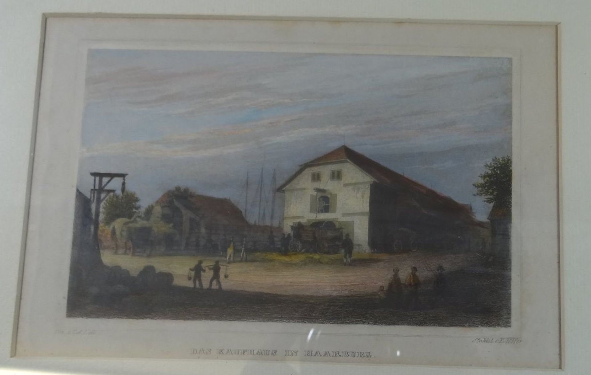 E. Höfer, colorierter Stahlstich "Das Kaufhaus in Harburg", ger/Glas, RG 21x27 c - Bild 7 aus 9