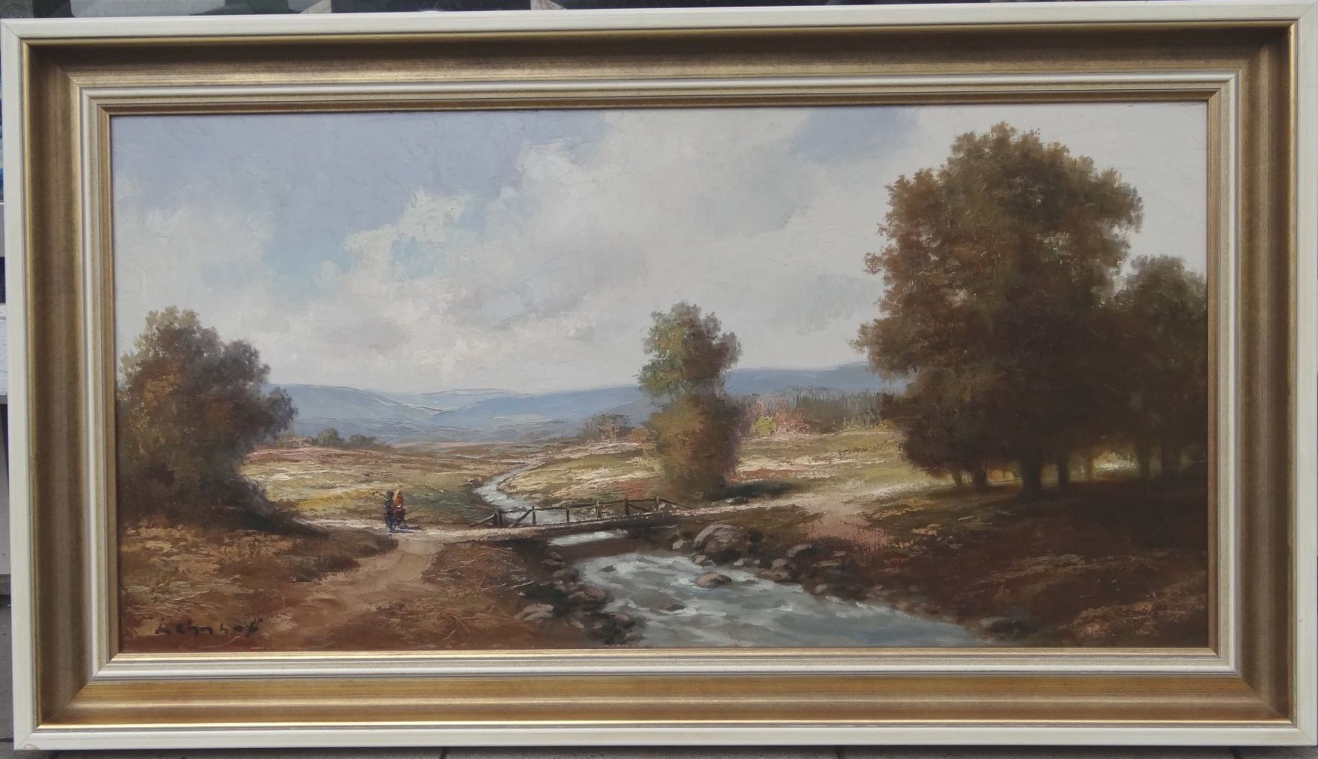 H. LEHNHOF (XIX-XX) "weite Landschaft mit Brücke und Figuren", Öl/Leinen, gut gerahmt, RG 65x115 - Bild 2 aus 4