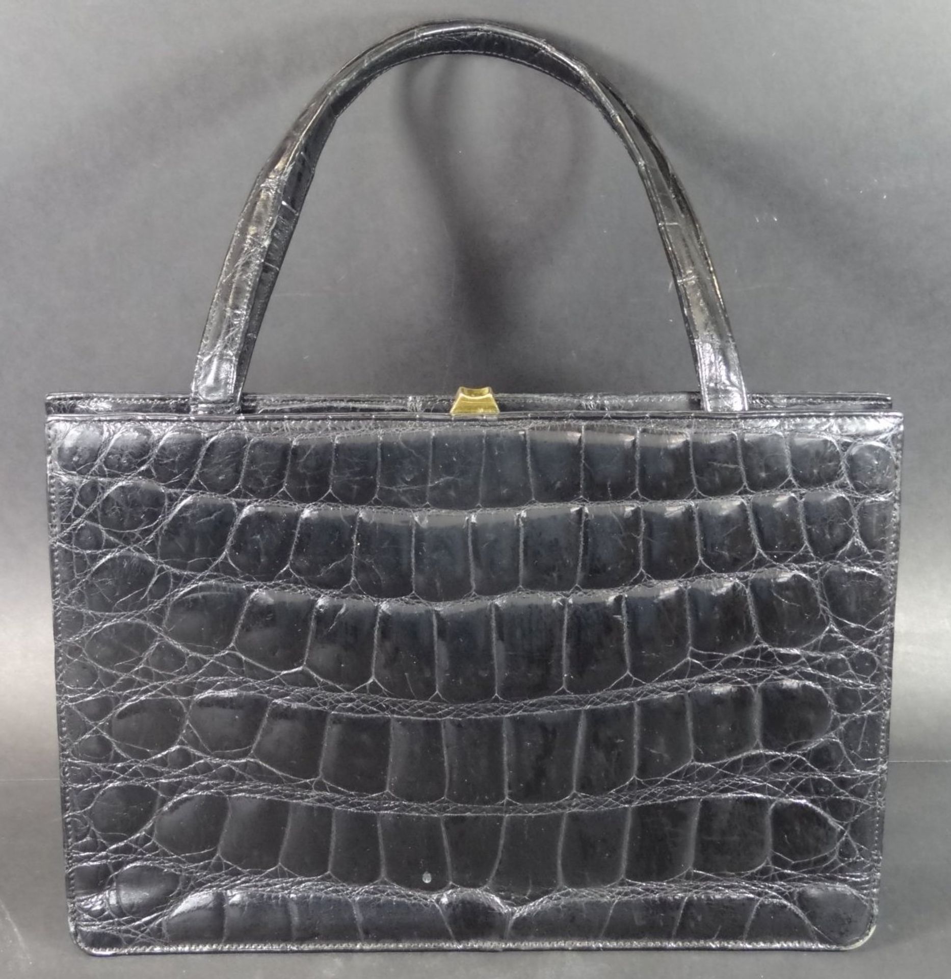 Reptilienleder-Handtasche, sschwarz "Modell Royal", 20x28 cm, mit Handspiegel und Börs