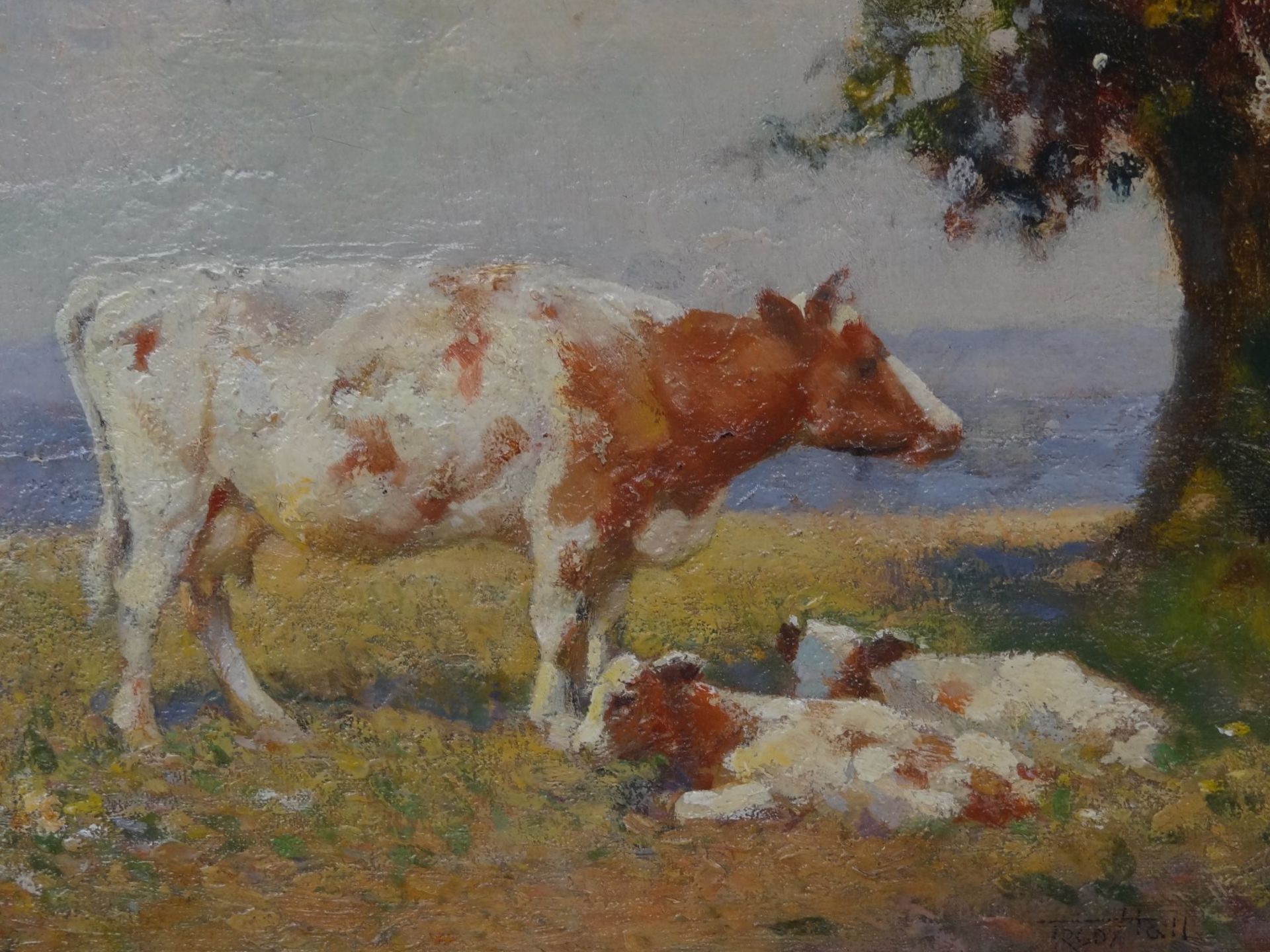 Frederick HALL (1860-1948) "Kuh mit 2 Kälbern", Öl/Leinen, 36x46 cm, gerahmt RG 46x53 - Bild 3 aus 5