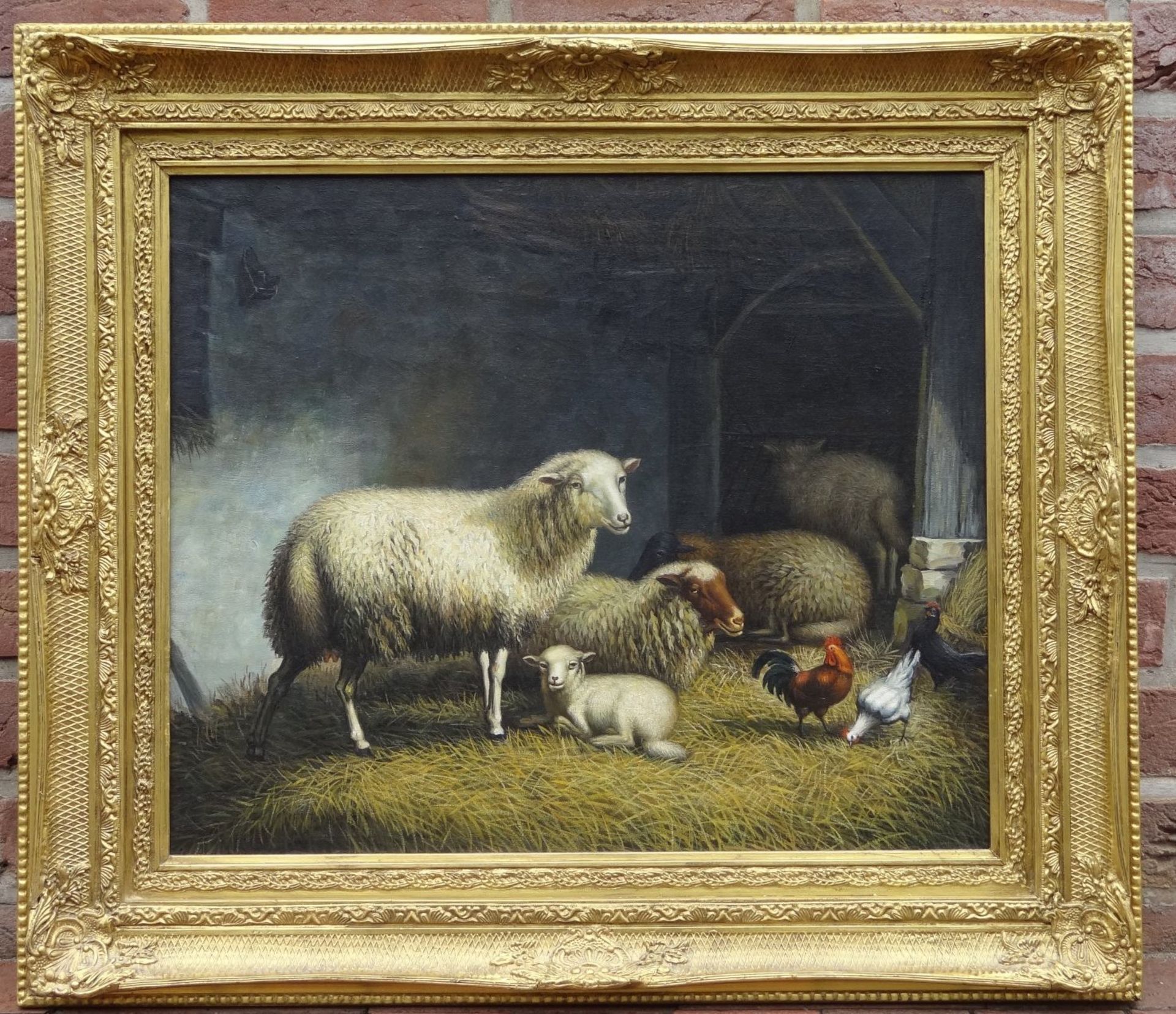 anonym "Hühner und Schafe im Stall" Öl/Leinen, gut gerahmt, RG 70x80 cm, 2015 restauriert