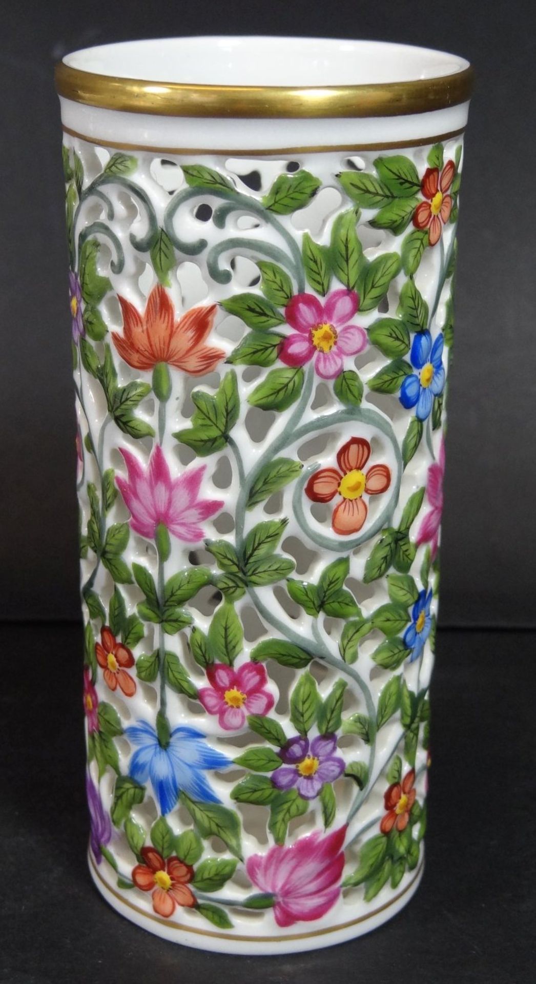 Herend, Dekor Rothschild, Zylinder-Vase oder ähnliches?, Durchbruchrand, H-12 cm, D-5,5 c - Bild 3 aus 6