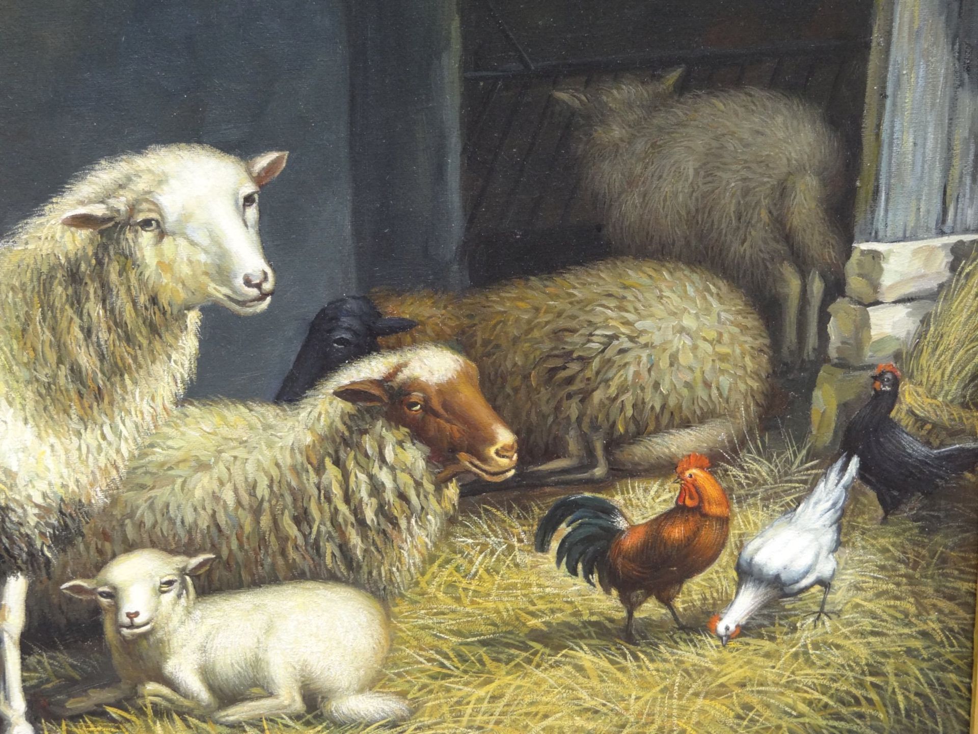 anonym "Hühner und Schafe im Stall" Öl/Leinen, gut gerahmt, RG 70x80 cm, 2015 restauriert - Bild 4 aus 6