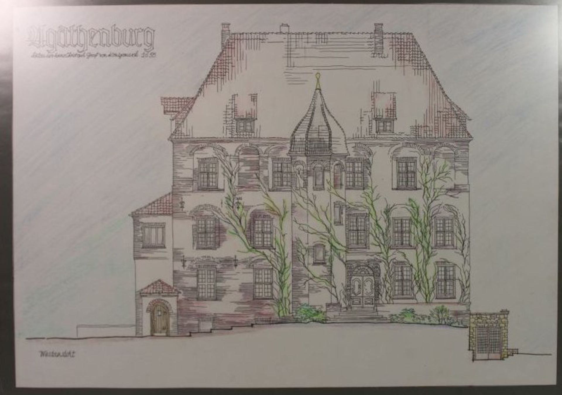 Ansicht des Schlosses Agathenburg, Architektenzeichnung per Rapidomat , BG 27 x 40cm.