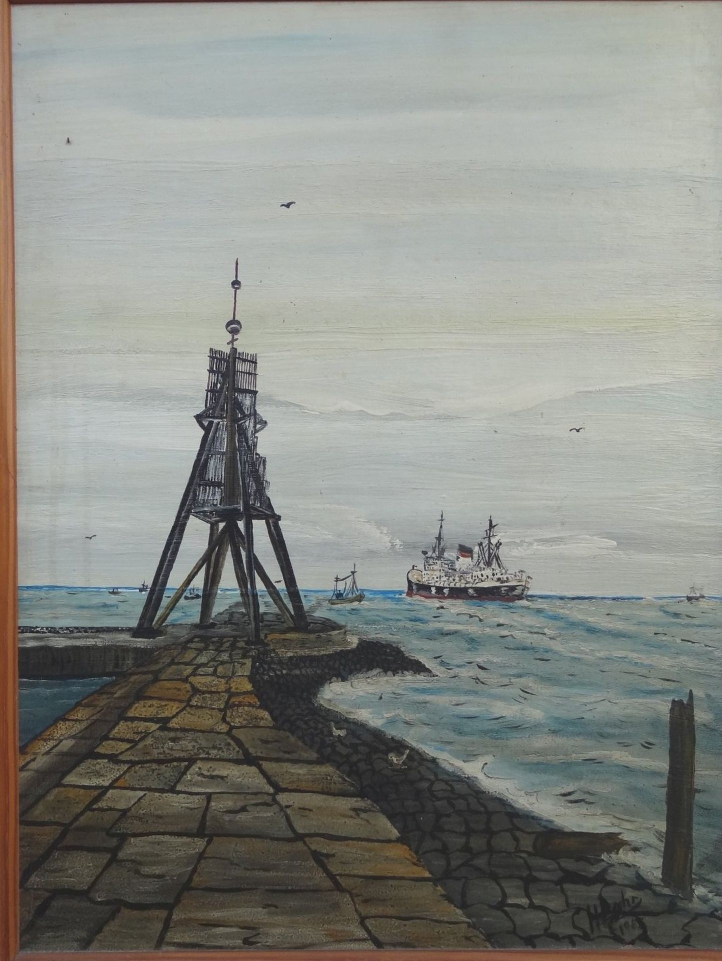unleserl. sign.1985 "Kugelbake in Cuxhaven" Öl/Platte, gerahmt, RG 70x56 c