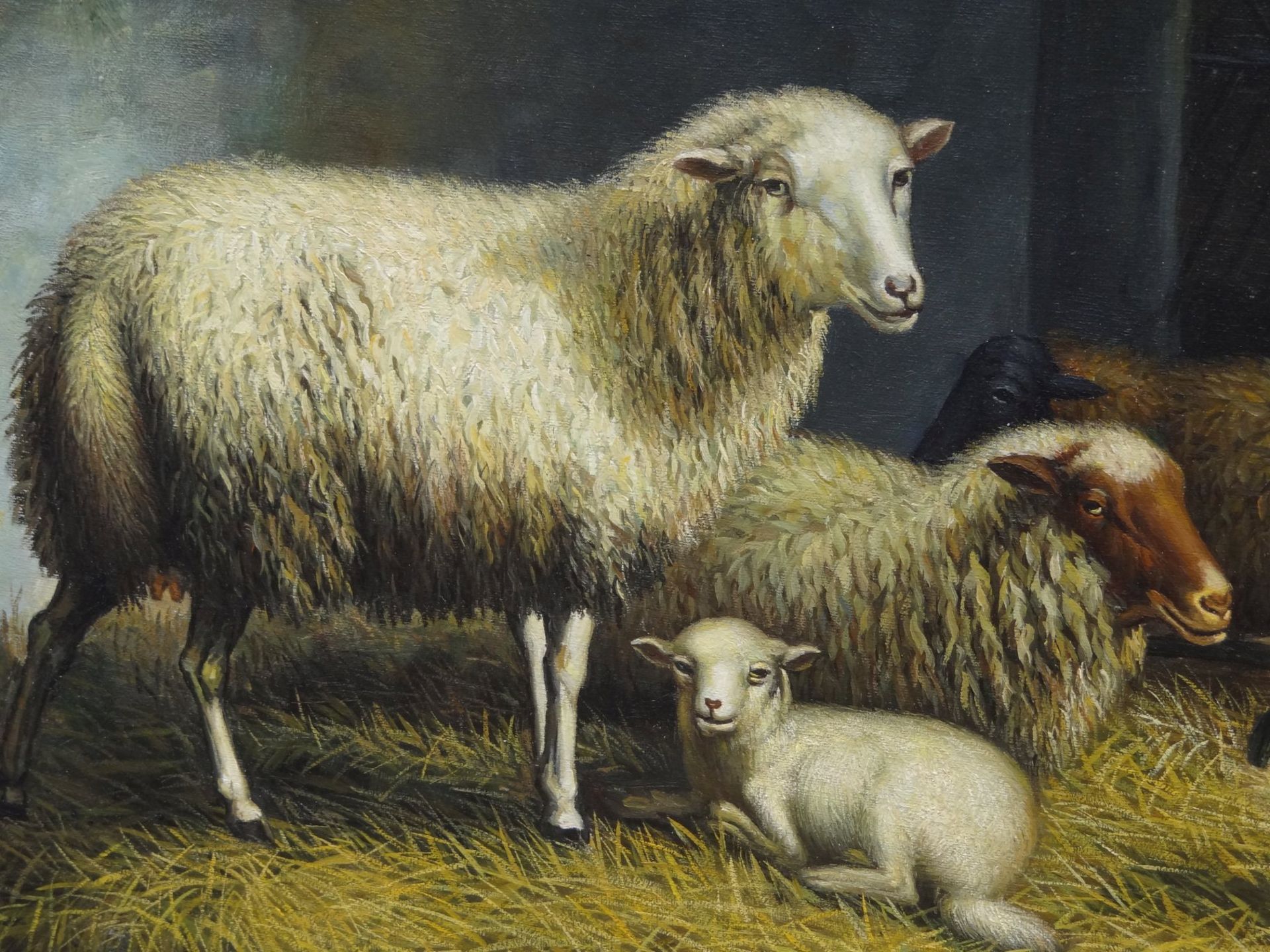 anonym "Hühner und Schafe im Stall" Öl/Leinen, gut gerahmt, RG 70x80 cm, 2015 restauriert - Bild 3 aus 6