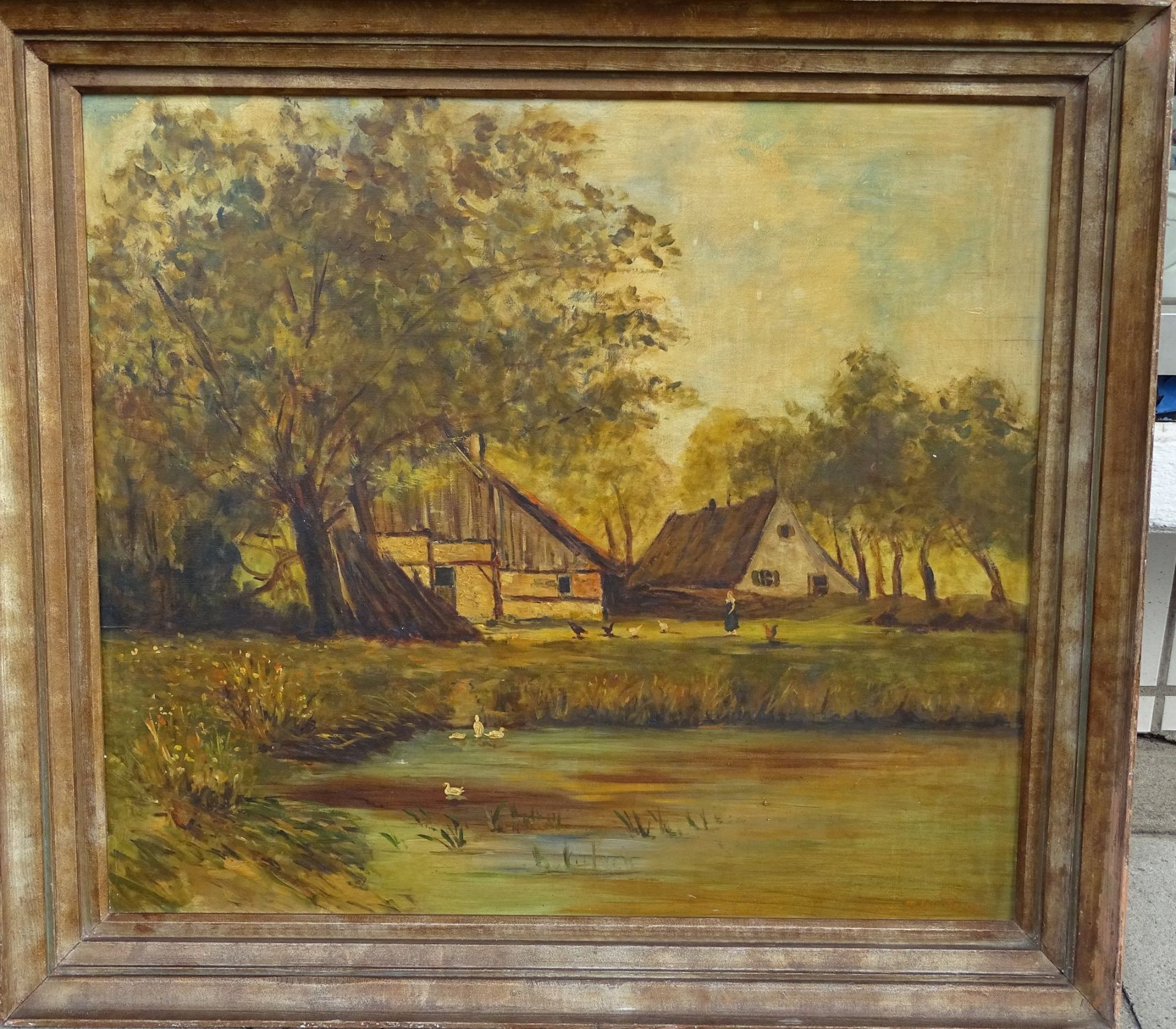 Prinz oder ähnlich "Bauernhof am Weiher" Öl/Platte,stark reinigungsbedürftig, gerahmt, RG 80x90 - Bild 2 aus 4