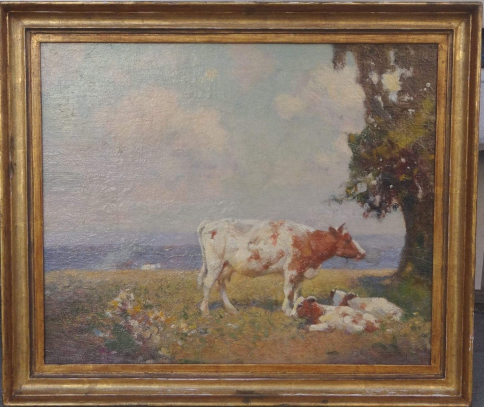 Frederick HALL (1860-1948) "Kuh mit 2 Kälbern", Öl/Leinen, 36x46 cm, gerahmt RG 46x53 - Bild 2 aus 5