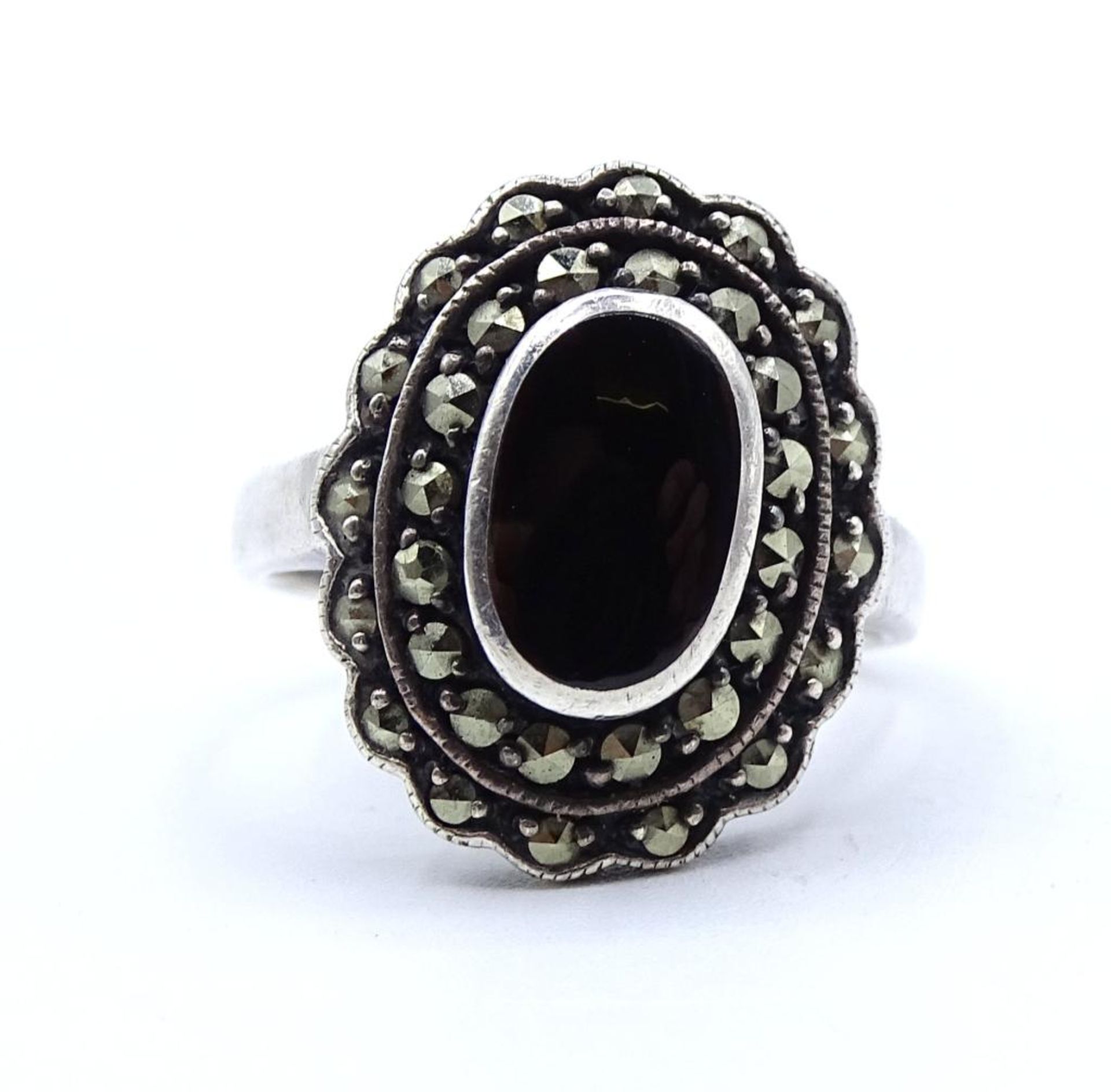 Markasiten Silber Ring mit einen schwarzen Stein in ovaler Form, 5,2gr., Silber 925/000,RG 52 - Image 2 of 4