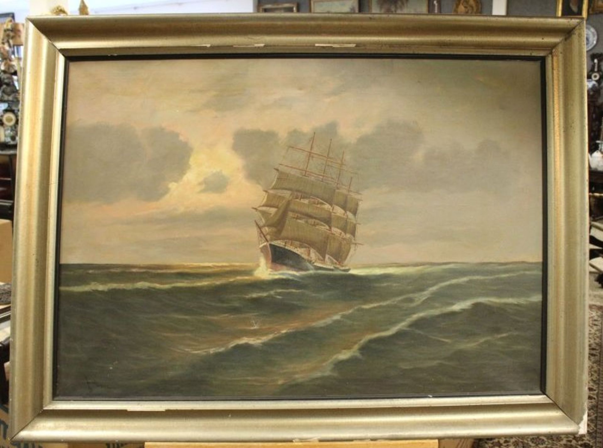 unleserl.signiert "Viermaster auf See", Öl/Leinwand, gerahmt, Rahmen beschädigt, RG 81 x 114cm - Bild 4 aus 5