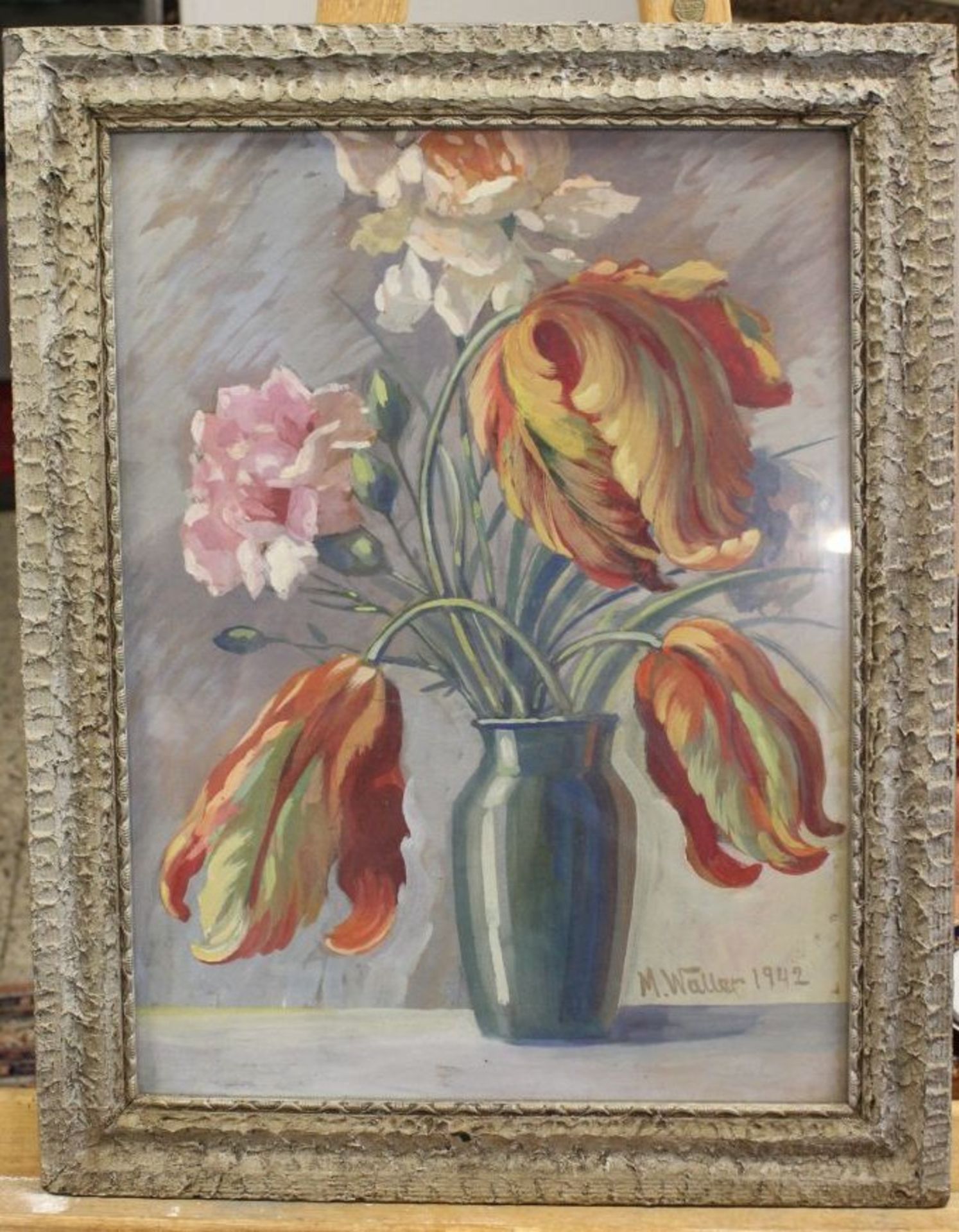 M.Waller 1942 "Blumen in Vase", Aquarell, ger./Glas, RG 59 x 46cm. - Bild 2 aus 2
