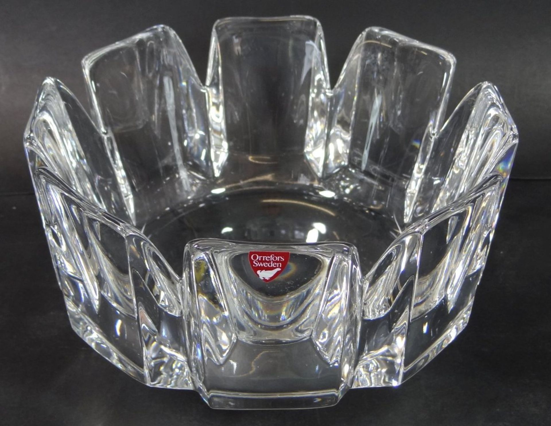 schwere Kristall-Schale "Orefors-Sweden", H-11 cm, D-19 cm, Ritzsignatur, H-11 cm, D-19 cm