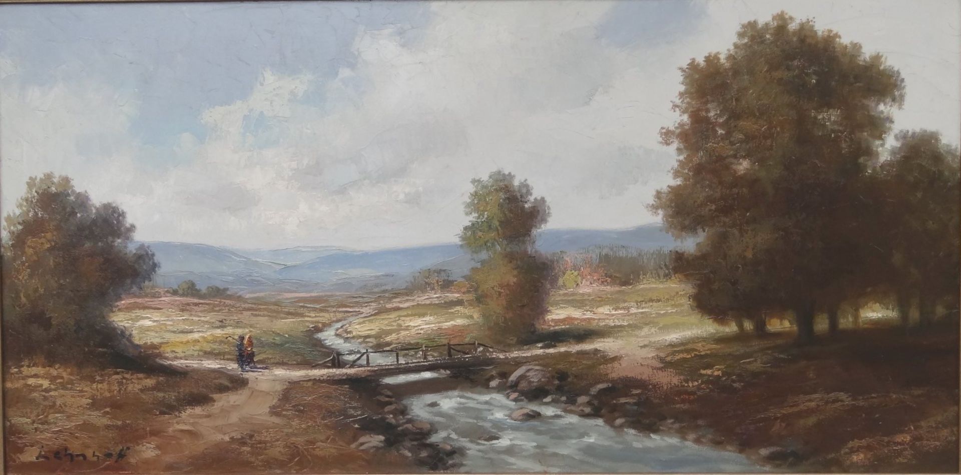 H. LEHNHOF (XIX-XX) "weite Landschaft mit Brücke und Figuren", Öl/Leinen, gut gerahmt, RG 65x115