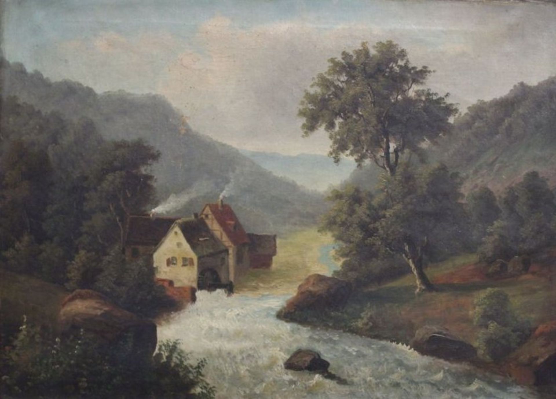 anonym "Wassermühle", Öl/Leinwand, um 1900, restaurierungs bedürftig, gerahmt, RG 70 x 9