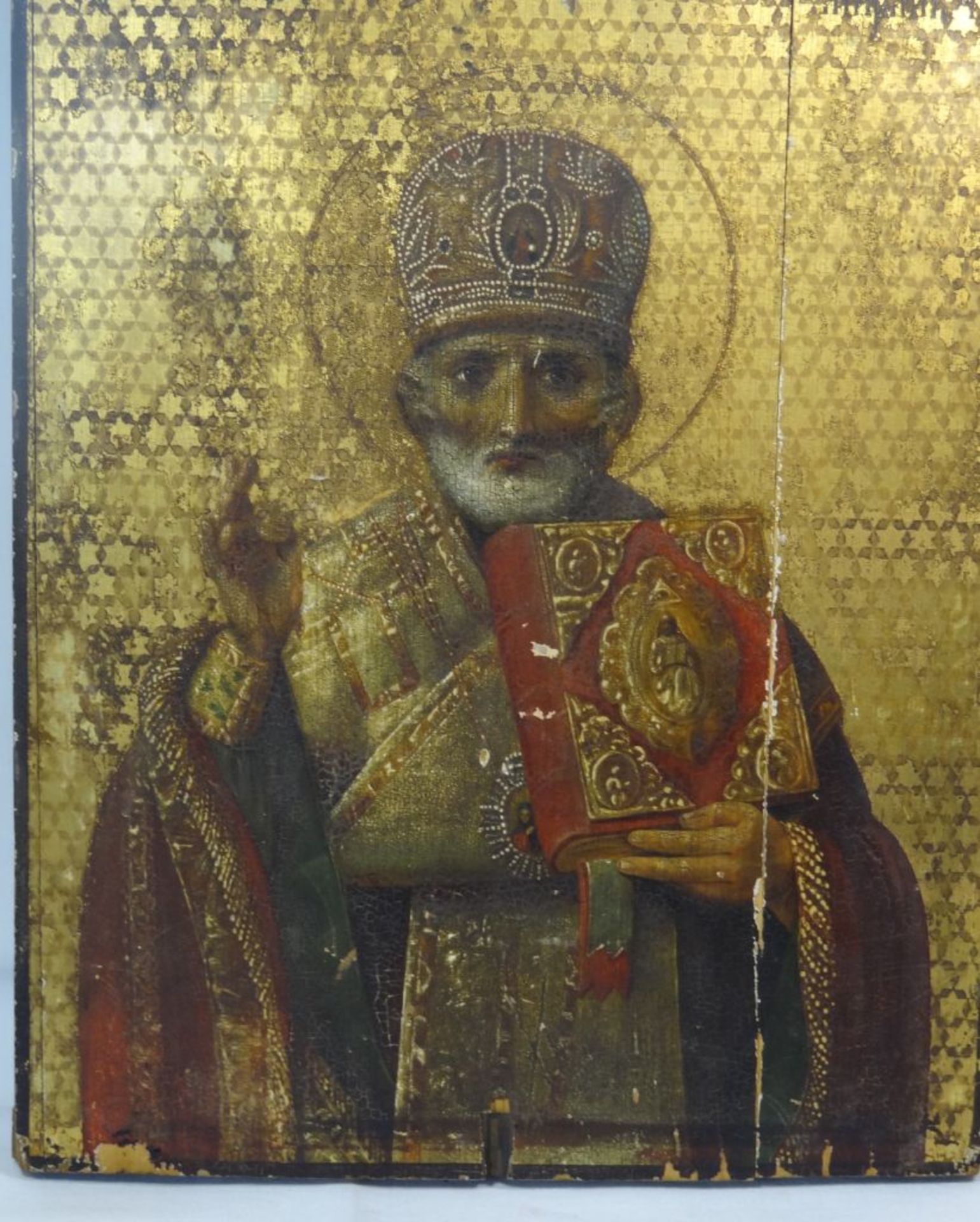 russische Ikone mit Heiligendarstellung, an den Rändern 2-fach gesperrte Holztafel, Alters-u. - Bild 2 aus 3