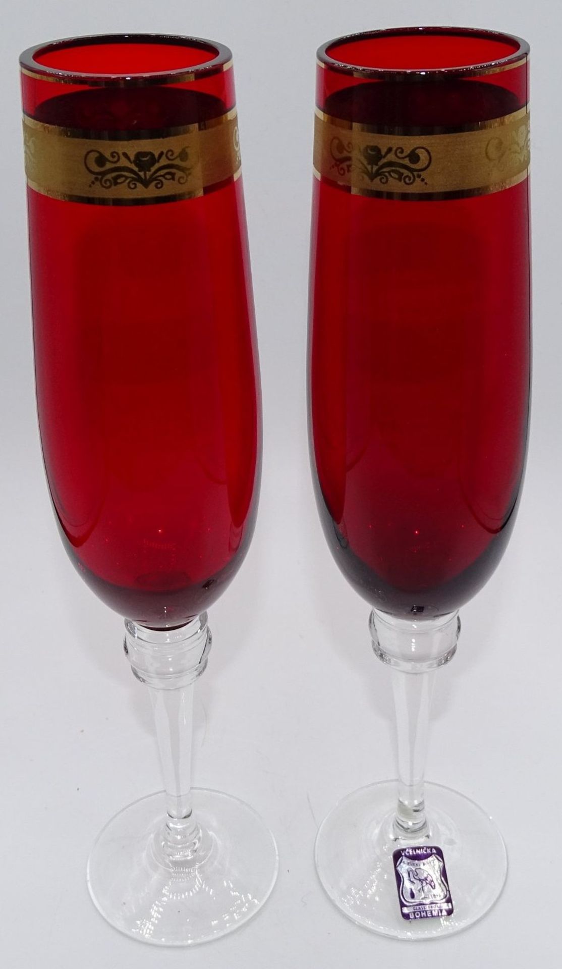 2 Sektgläser, rot mit Ätzgolddekor, Bohemia, H-25 - Bild 2 aus 5