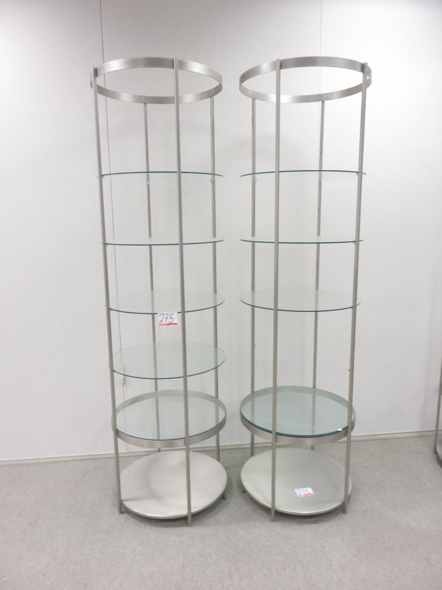 UNITS - GREY STEEL + GLASS 6-SHELF ROUND 2' DIA X 7'H DISPLAYS (FLOOR 5-B1)