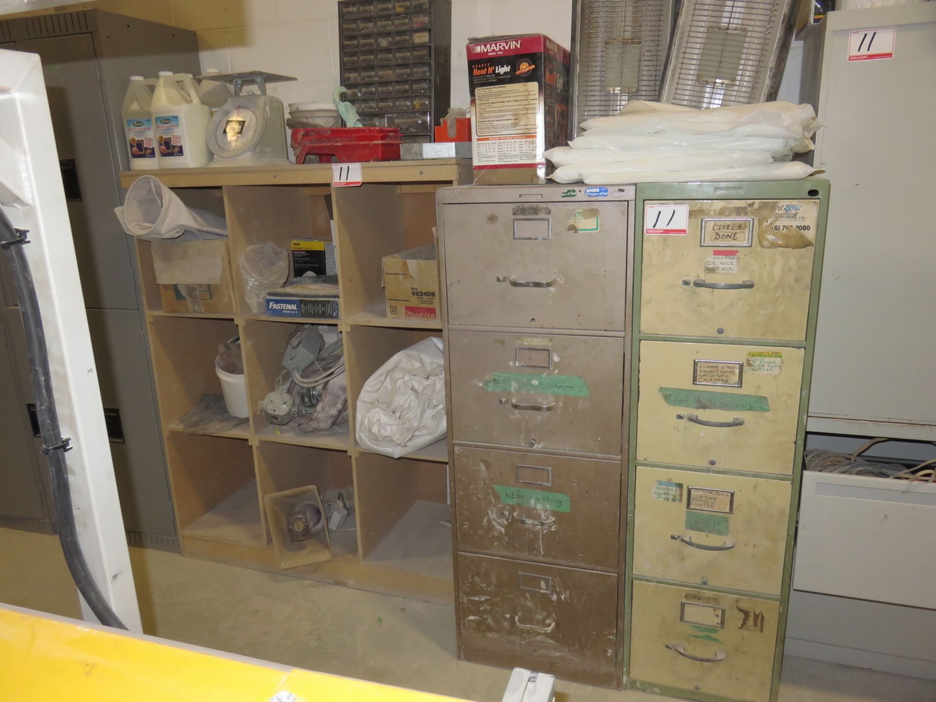 LOT - METAL & WOOD CABINETS + SHELF W/ EXTENSION CORDS, SCREWS, 35 X 45" APRONS, GLUE, ETC & - Image 2 of 2