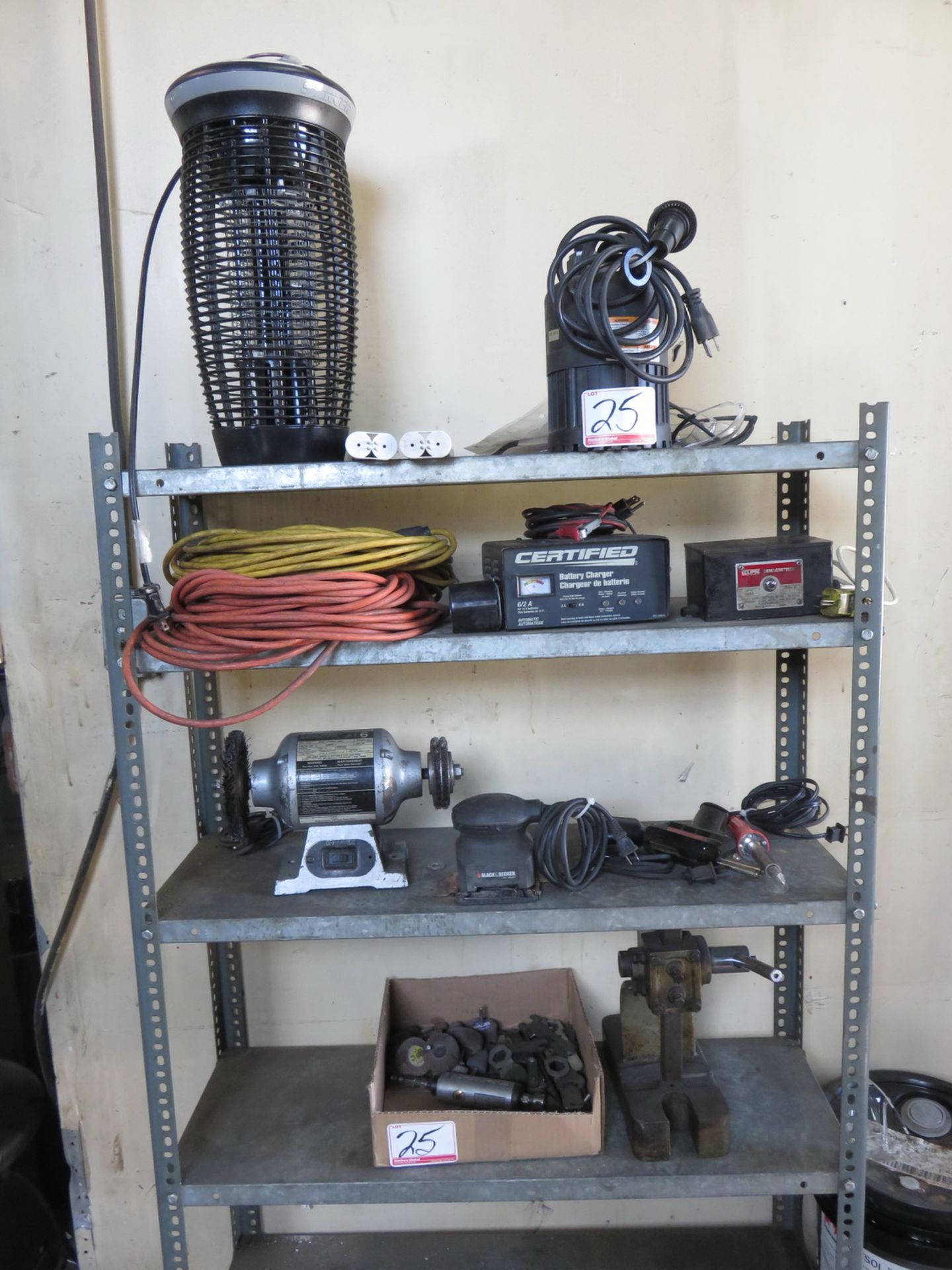 LOT - ECLIPSE DEMAGNETIZER, 6" BENCH GRINDER, ELECTRIC PALM SANDER, ARBOR PRESS, ETC C/W SHELVING