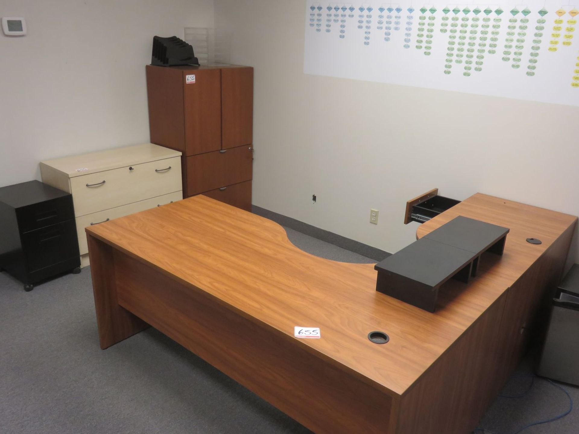 LOT - WALNUT OFFICE DESK & ASSTD CABINETS