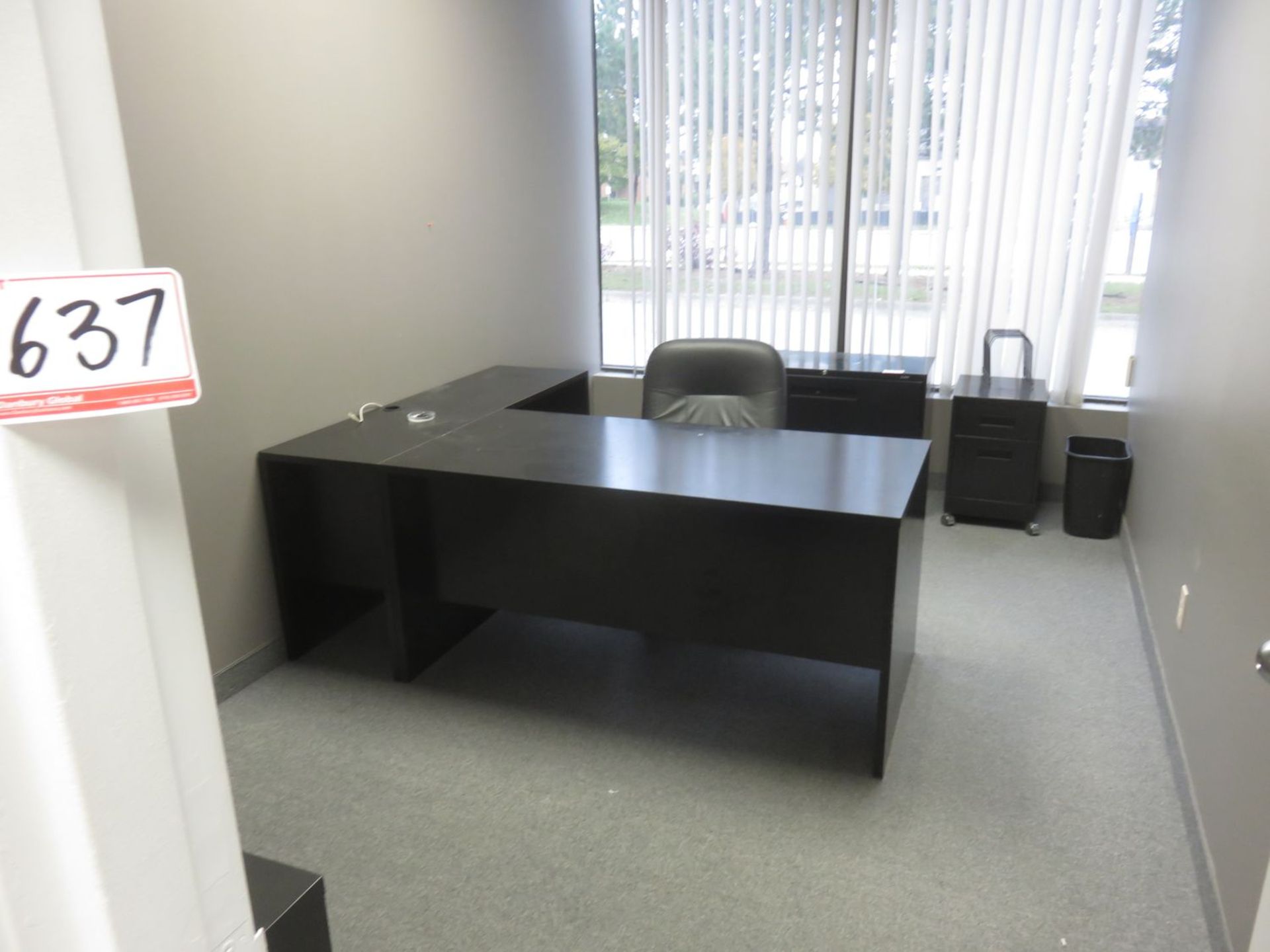 LOT - BLACK DESK, FILE CABINET, & BLACK TABLE IN NEXT OFFICE