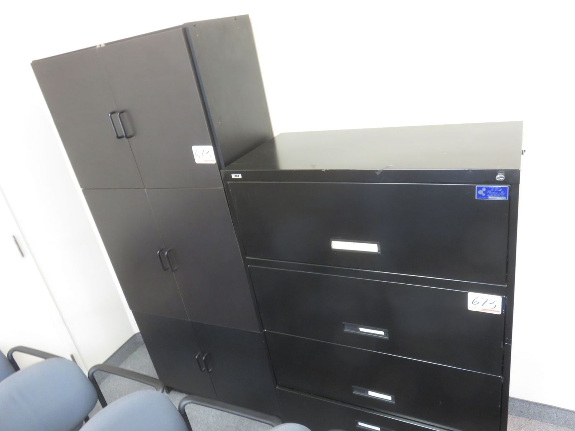 LOT - CIMMERON TOP DESK W/ BLACK CUPBOARDS & FILE CABINET - Image 2 of 2