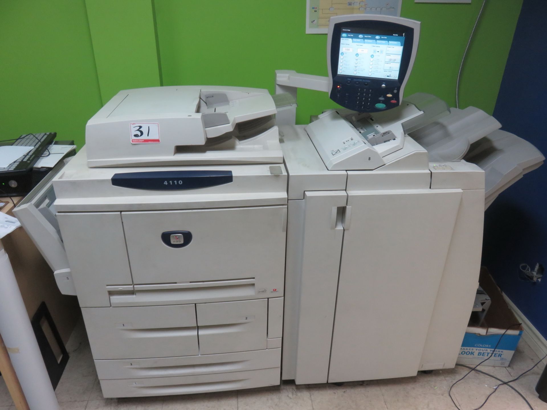 XEROX 4110 BLACK/WHITE DIGITAL DOCUMENT STATION C/W SCANNER, INTERPOSER INSERTER, & FINISHER W/