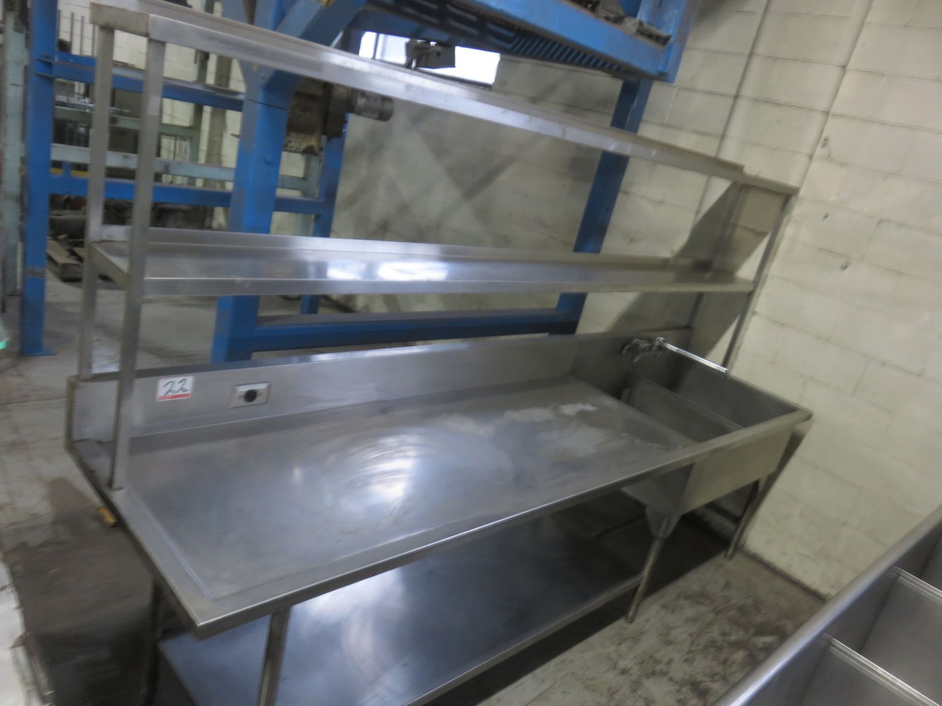 APPROX 10'L STAINLESS STEEL PREP TABLE W/ SHELVES & DROP-IN 2-COMPARTMENT SINK