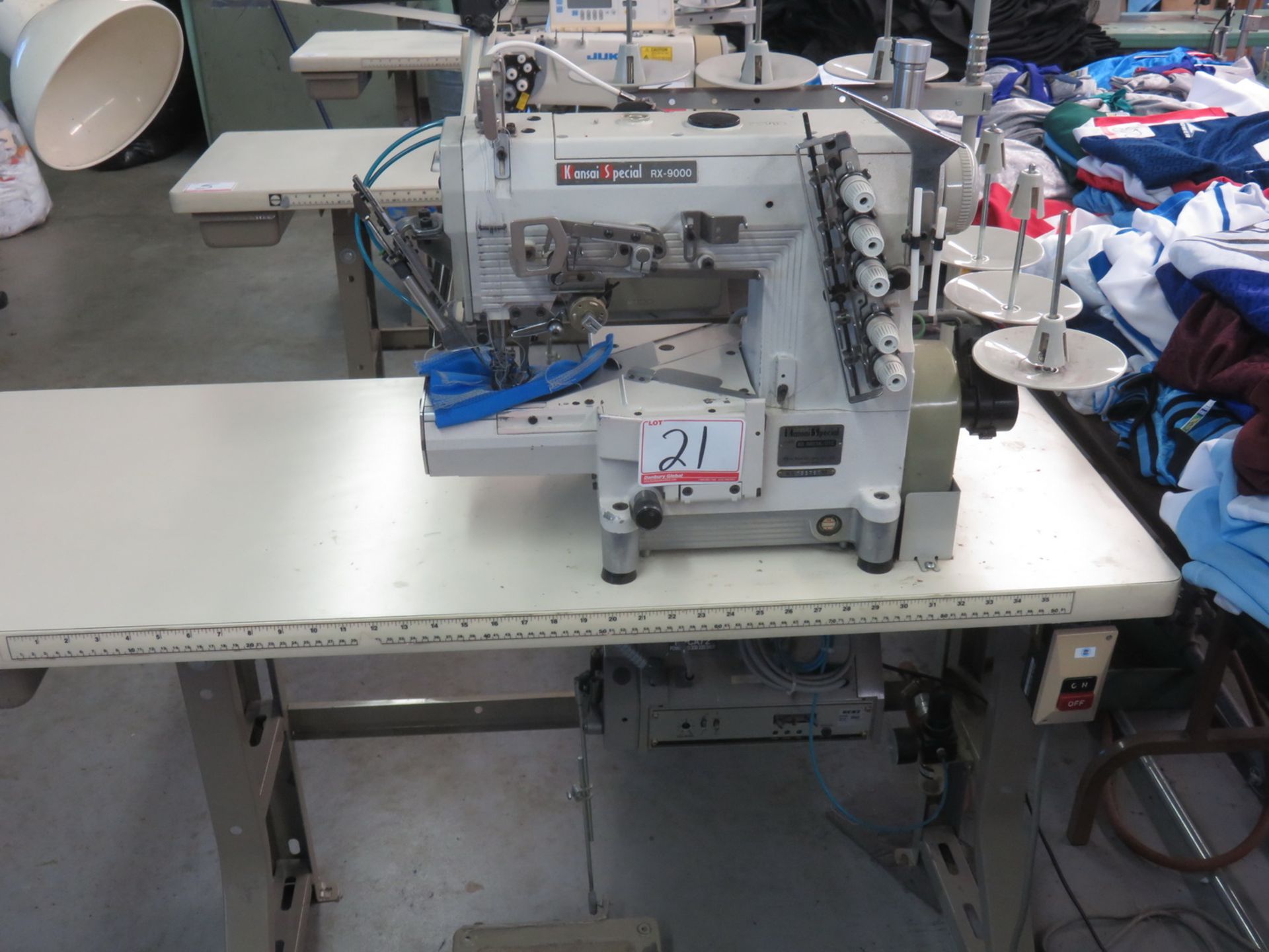 KANSAI RX-9803A/UTC TOP & BOTTOM CYLINDER COVERSTITCH MACHINE W/ NEEDLE POSITIONER, S/N 723757 (