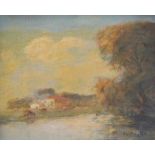 Monogrammist FwK: "Sommerliche impressionistische Flusslandschaft" Öl auf Leinwand, 30 x 24 cm,