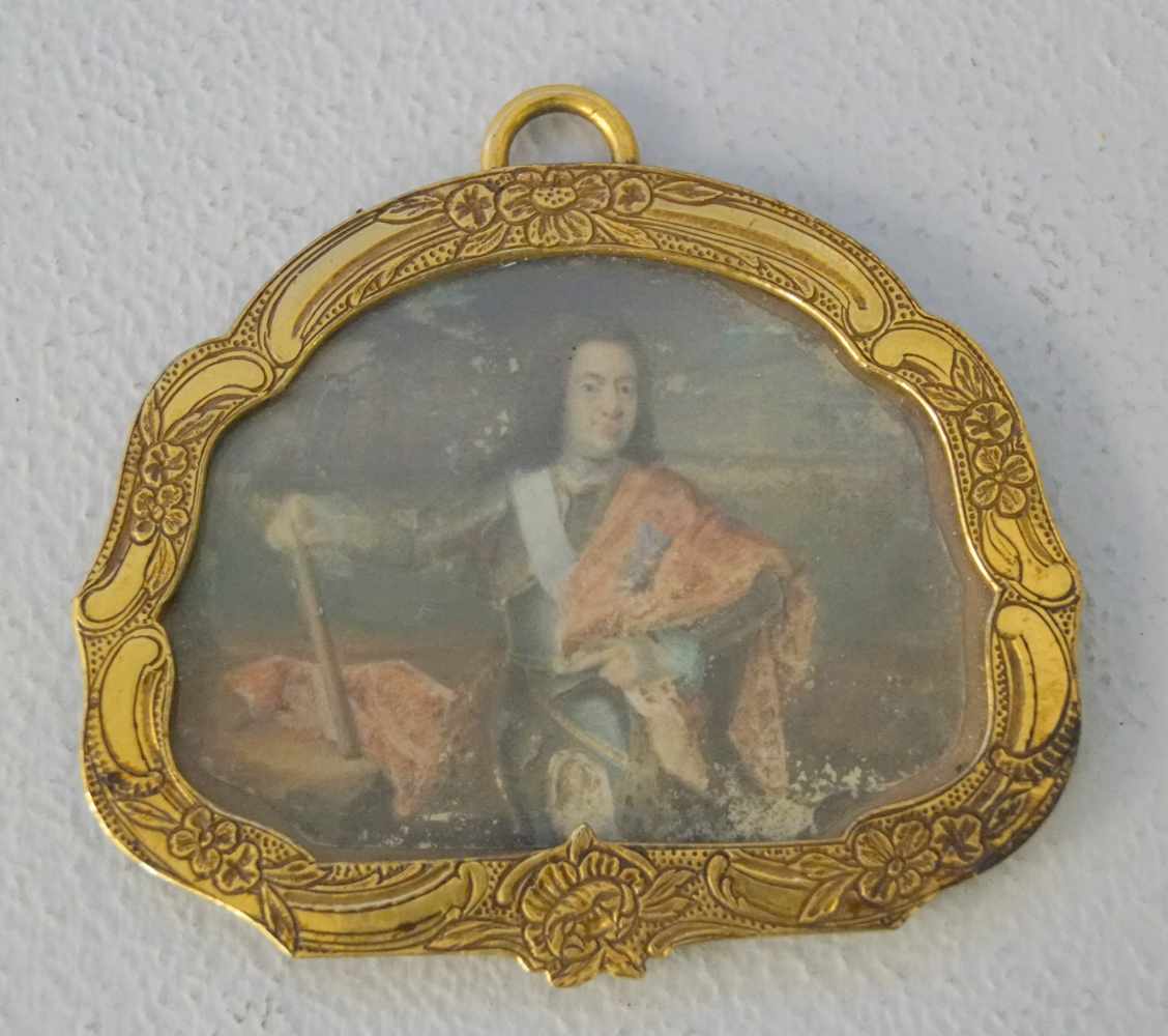 Porträt-Miniatur eines europ. Herrschers, 18. Jhd. Tempera auf Papier, Darstellung eines Mannes in