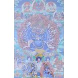 Yamantaka Thangka, Tibet 20. Jhd. Handgemalt, Maße 40 x 70 cm im Passepartout, hinter Glas im