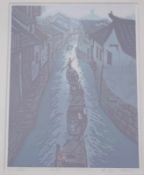 "Japanischer Holzschnitt" Dorfansicht mit Fluss und Schiffern, Maße 30 x 40 cm, hinter Glas im