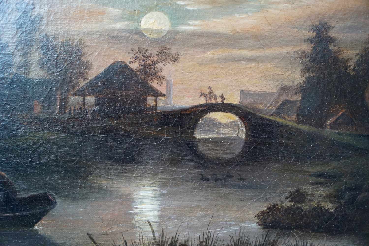 "Romantische Abendstimmung" in der Art von Van de Neer, 19. Jhd. Brücke am Fluss bei Mondschein, - Image 2 of 2