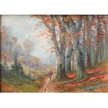 Maler des frühe 20. Jhd.: Herbstliche Landschaft mit Bäuerin Öl auf Künstlerbord, unten links