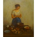 Schmitz-Pleiss, Carl ( 1877 Lüchterscheid-1943Düsseldorf): Kartoffelschälerin junge Frau vor einem